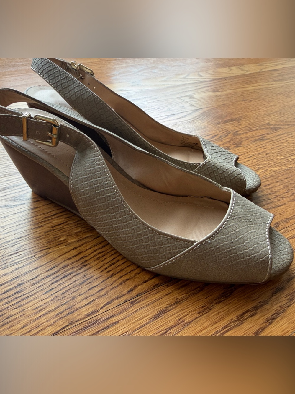BCBGeneration Tan Croc Textured Slingback Peep-Toe Wedge